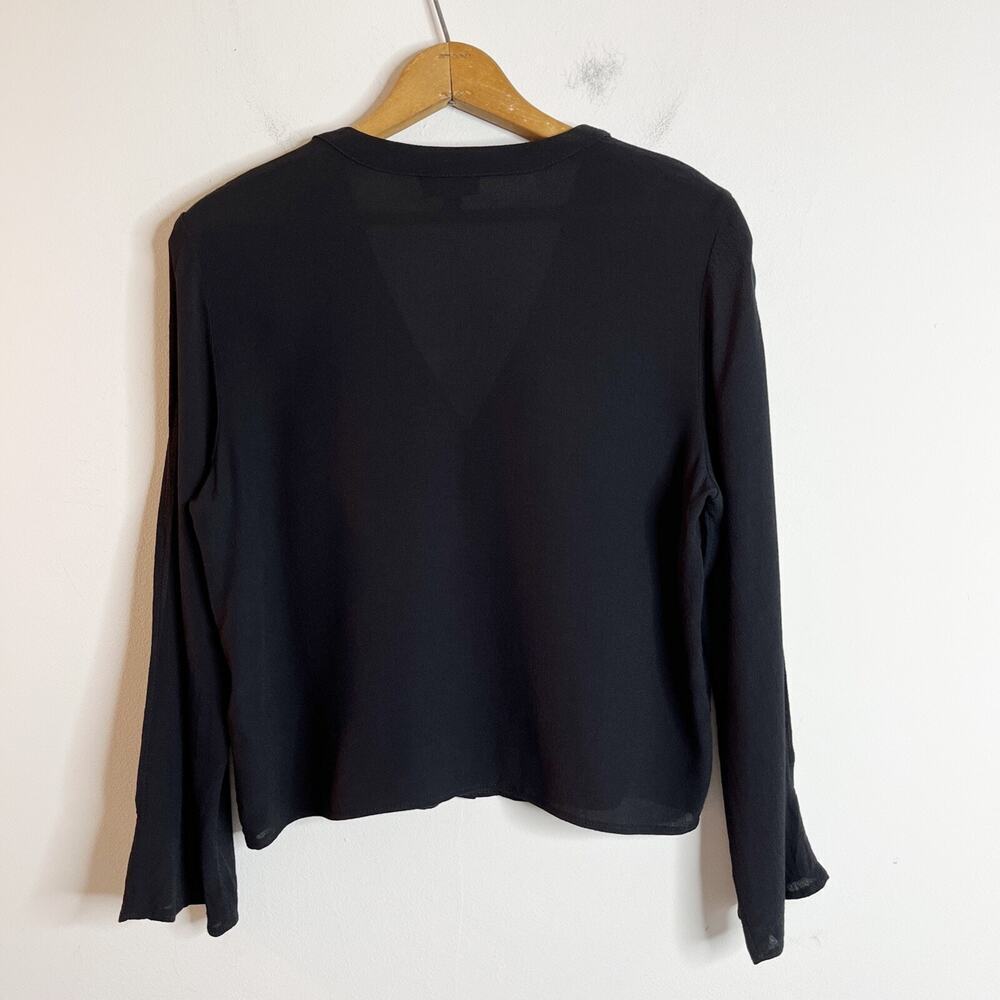 Topshop Women's Blouse 4 Black Slit Long Sleeve V-Neck Button Front Sheer Top - Picture 5 of 8